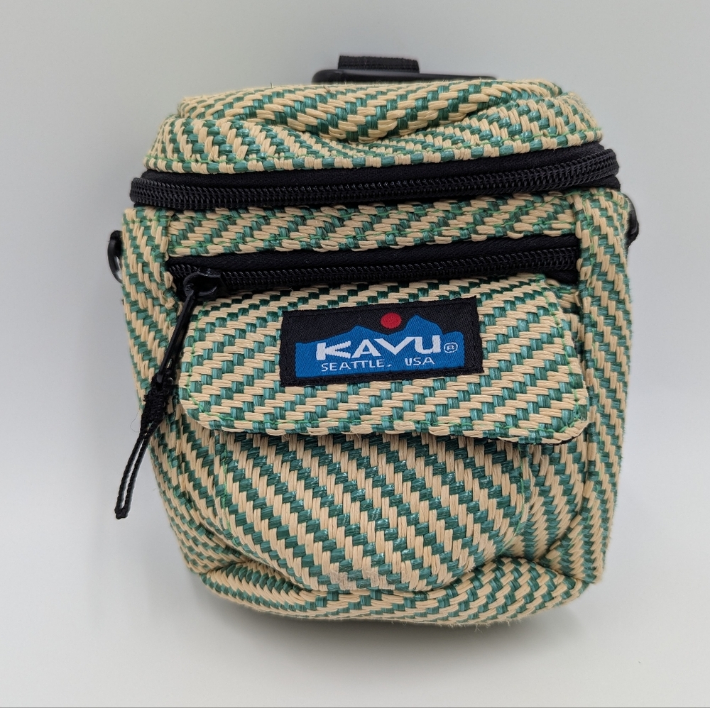 KAVU Seattle USA Woven Rope Belt Bag Pouch Crossbody Tan Green Geometric